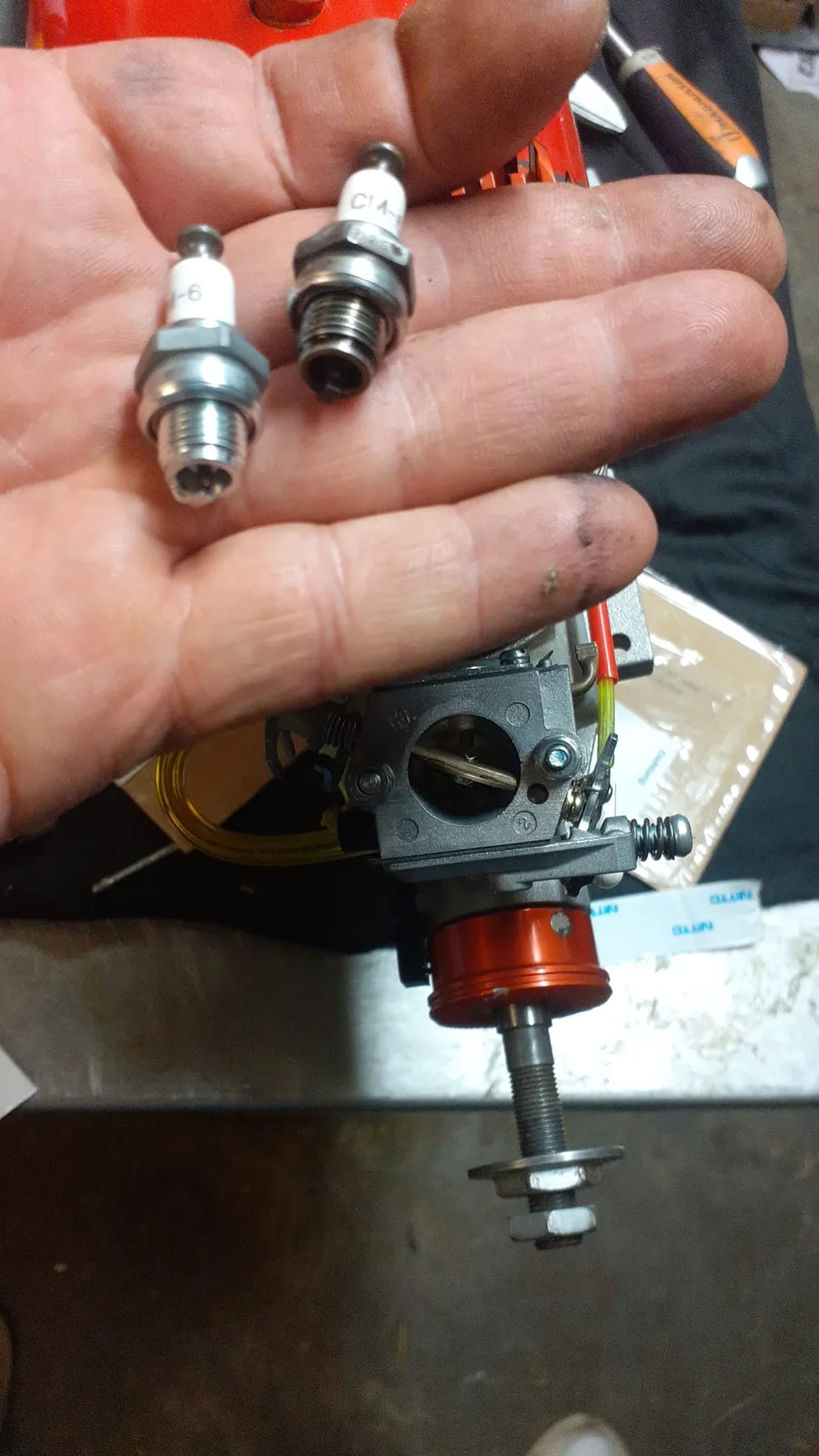 Bougies et carburateur du moteur essence du Bison pendant le contrôle mécanique.